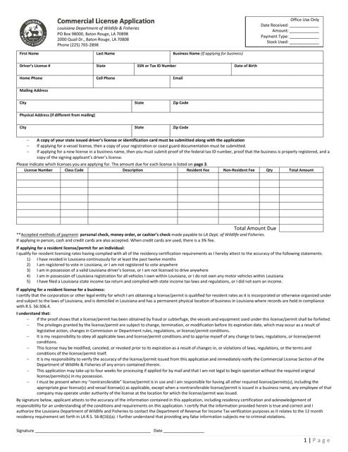 Louisiana Commercial License Application Download Printable PDF