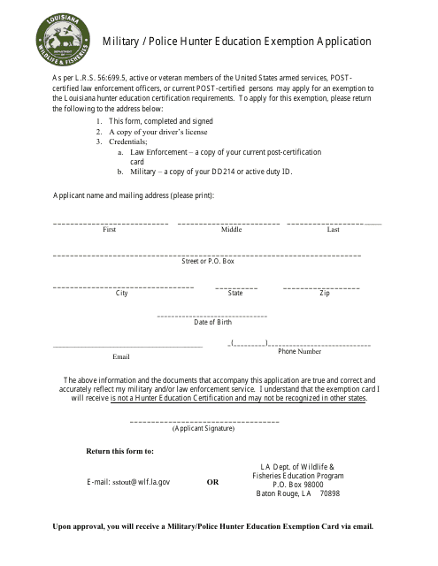 Military/Police Hunter Education Exemption Application - Louisiana