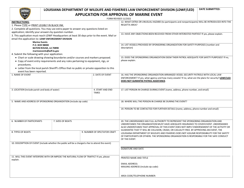 Application for Approval of Marine Event - Louisiana Download Pdf