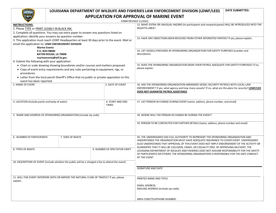 Application for Approval of Marine Event - Louisiana, Page 1