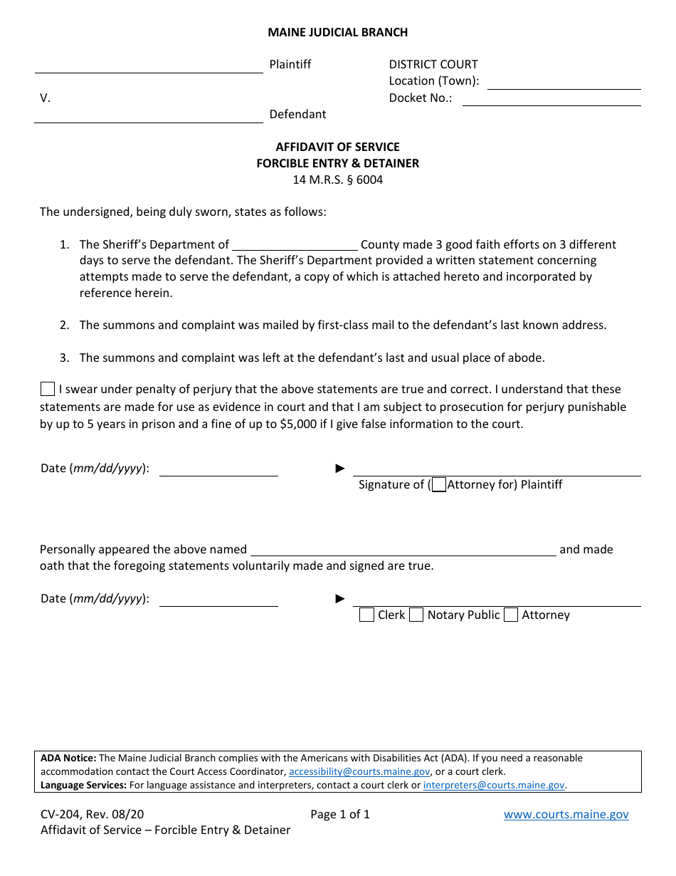 Form CV-204 Affidavit of Service - Forcible Entry  Detainer - Maine, Page 1
