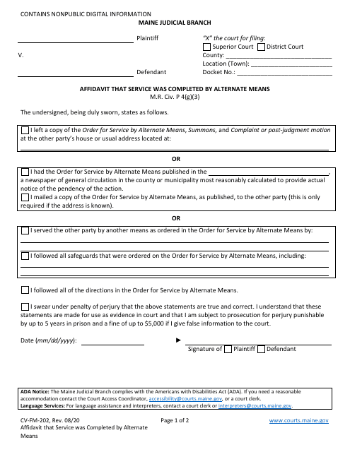 Form CV-FM-202 Affidavit That Service Was Completed by Alternate Means - Maine