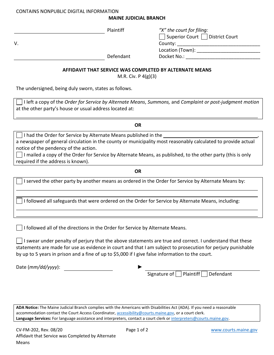 Form CV-FM-202 Affidavit That Service Was Completed by Alternate Means - Maine, Page 1