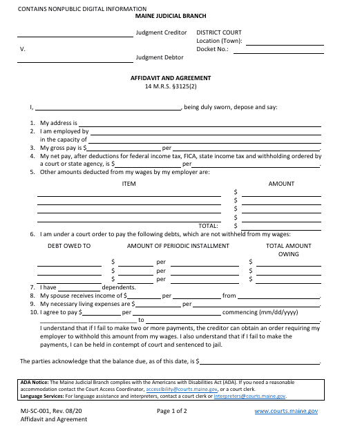 Document preview: Form MJ-SC-001 Affidavit and Agreement - Maine