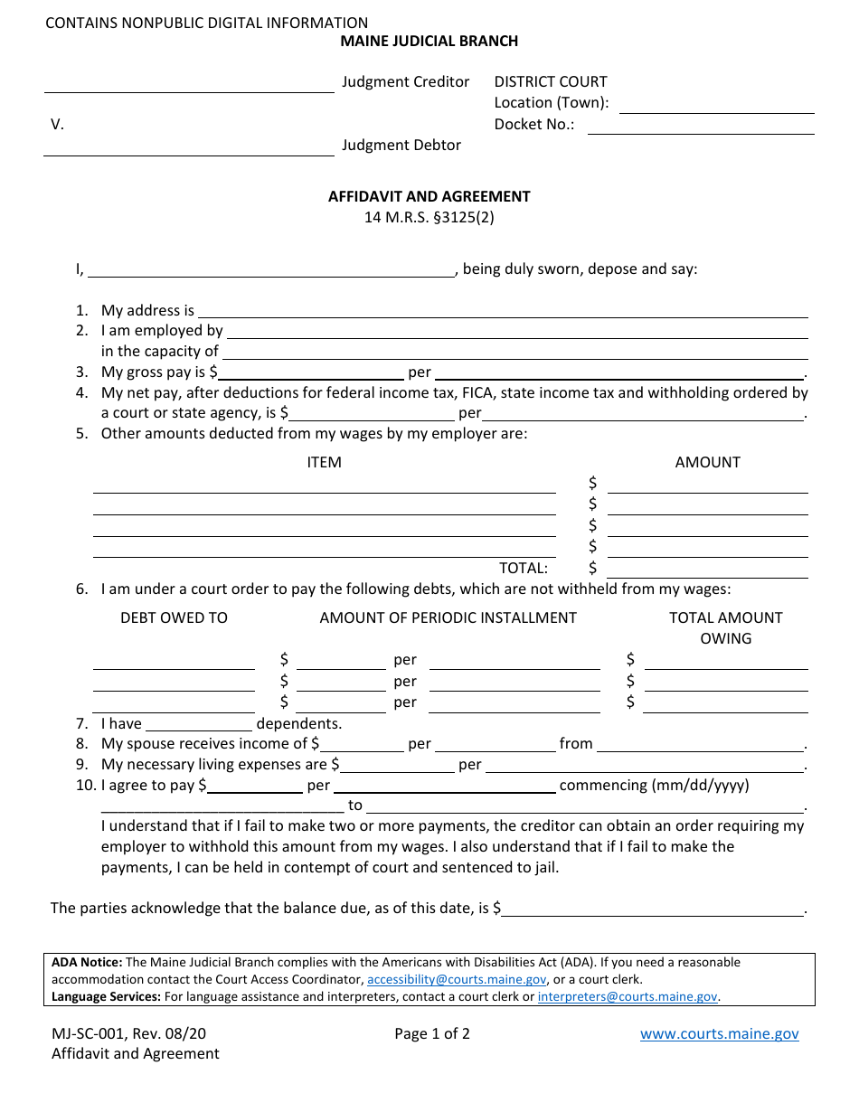 Form MJ-SC-001 Affidavit and Agreement - Maine, Page 1