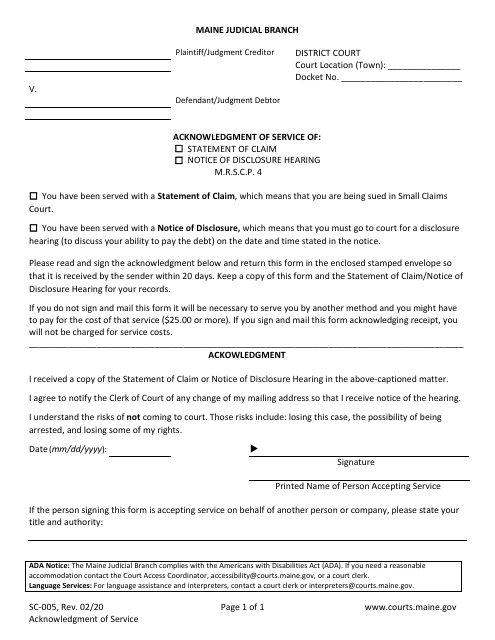 Form SC-005 Acknowledgment of Service of Statement of Claim/Notice of Disclosure Hearing - Maine