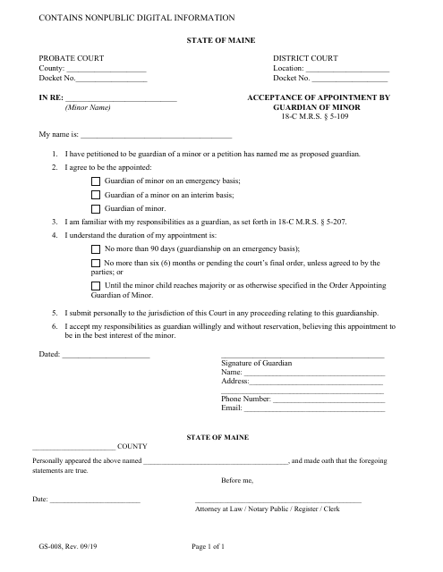 Form GS-008 Acceptance of Appointment by Guardian of Minor - Maine