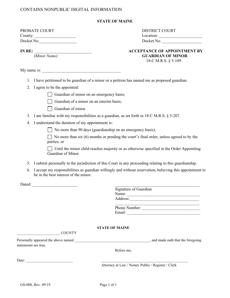 Form GS-008 Acceptance of Appointment by Guardian of Minor - Maine, Page 1