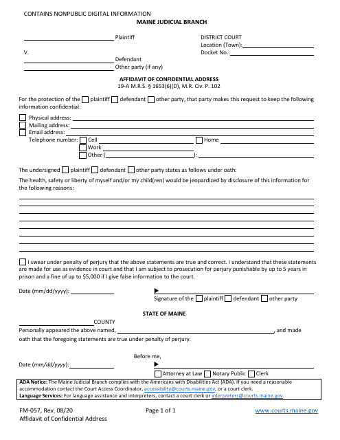Form FM-057 Affidavit of Confidential Address - Maine