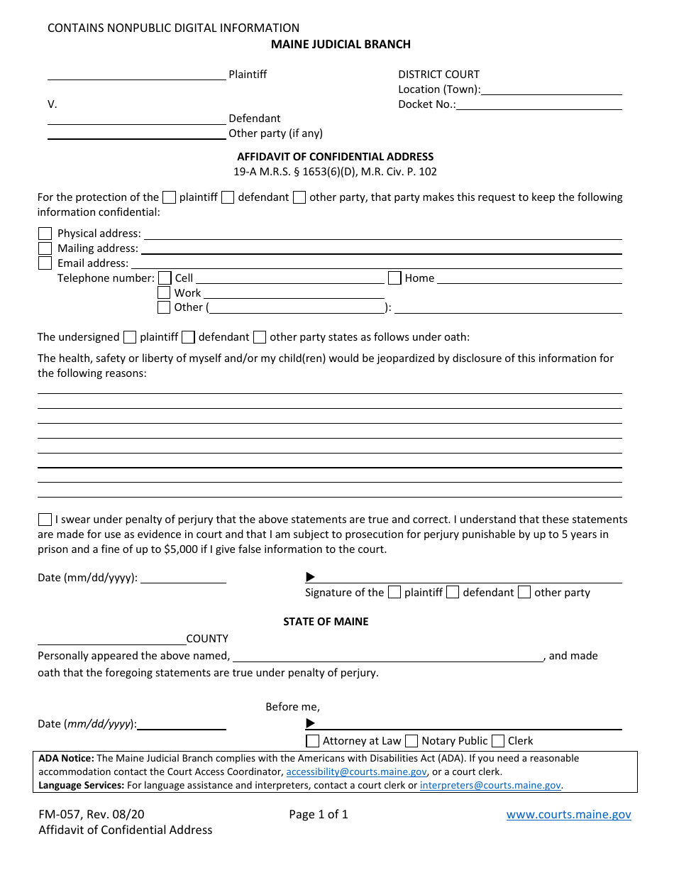 Form FM-057 Affidavit of Confidential Address - Maine, Page 1