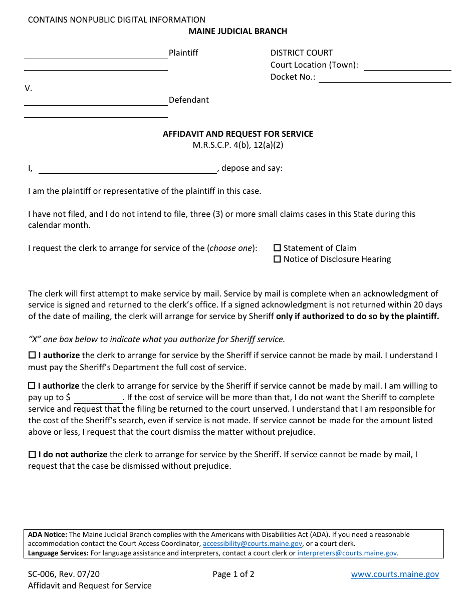 Form SC-006 Affidavit and Request for Service - Maine, Page 1