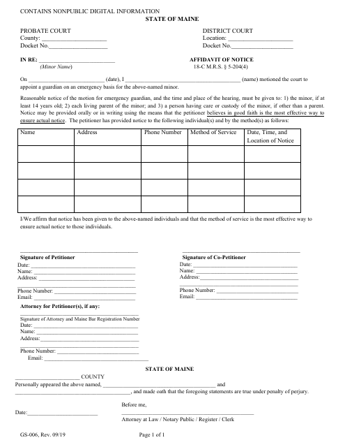 Form GS-006 Affidavit of Notice - Maine