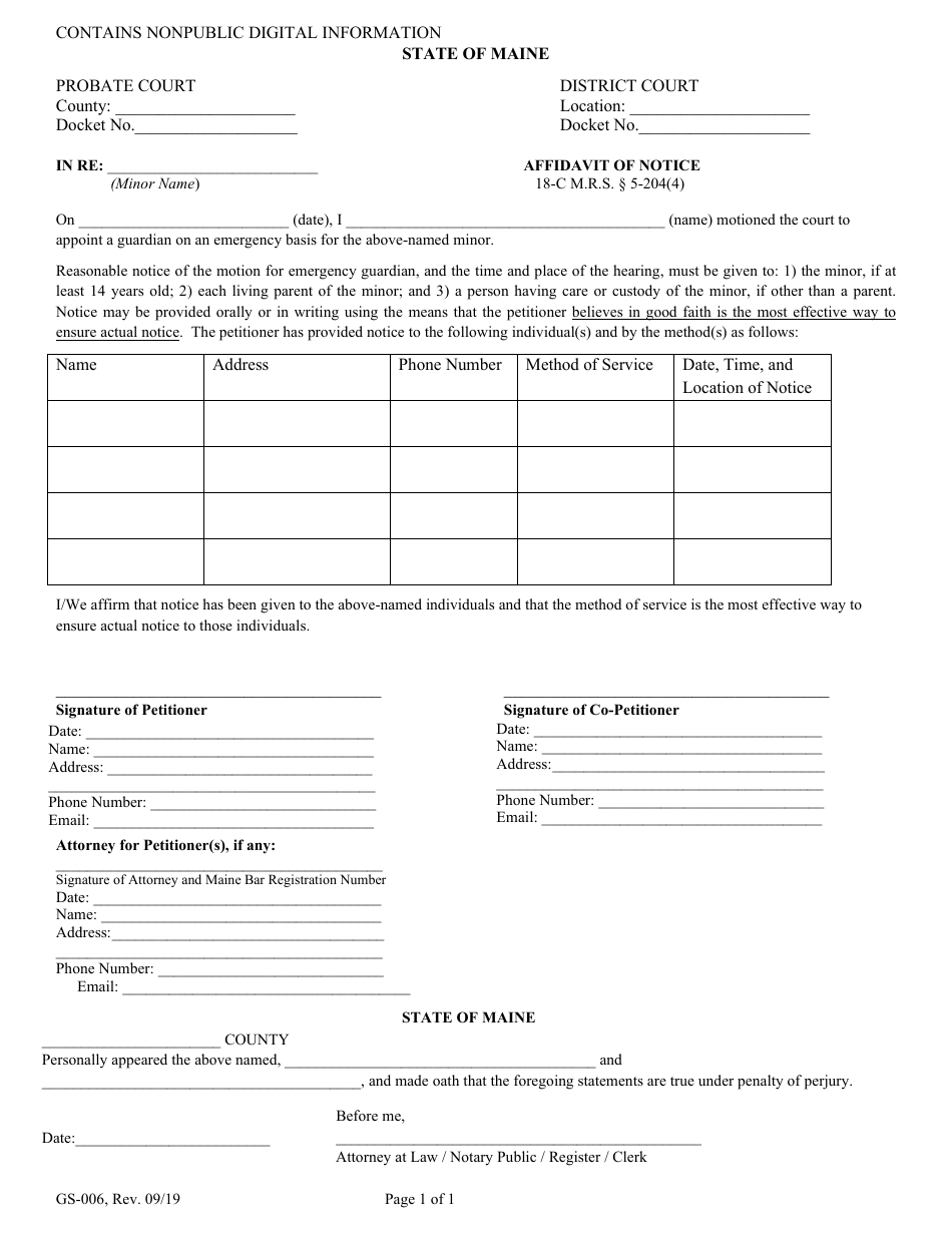 Form GS-006 Affidavit of Notice - Maine, Page 1