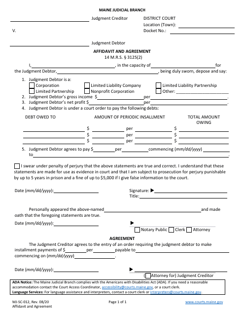 Document preview: Form MJ-SC-012 Affidavit and Agreement - Maine