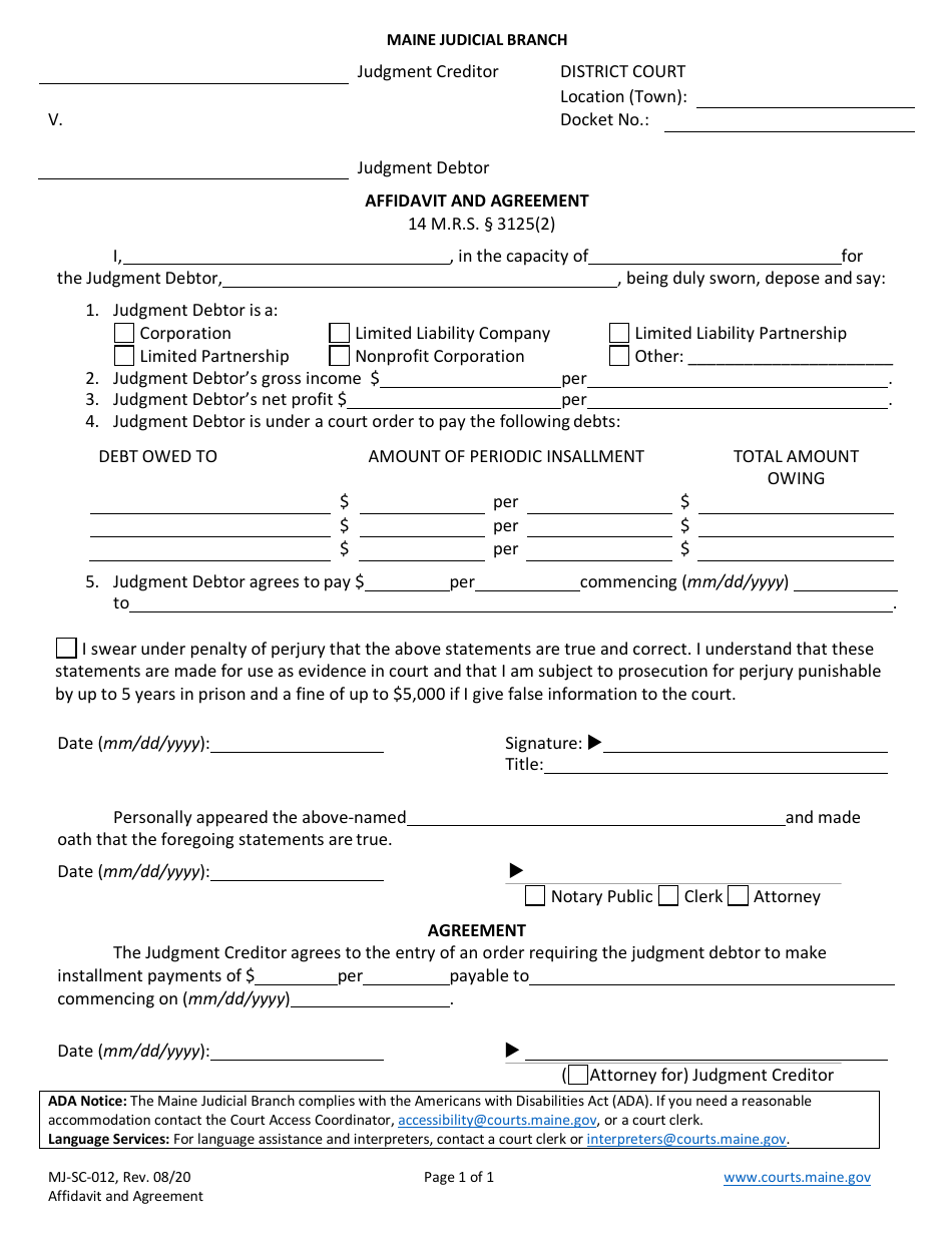 Form MJ-SC-012 Affidavit and Agreement - Maine, Page 1