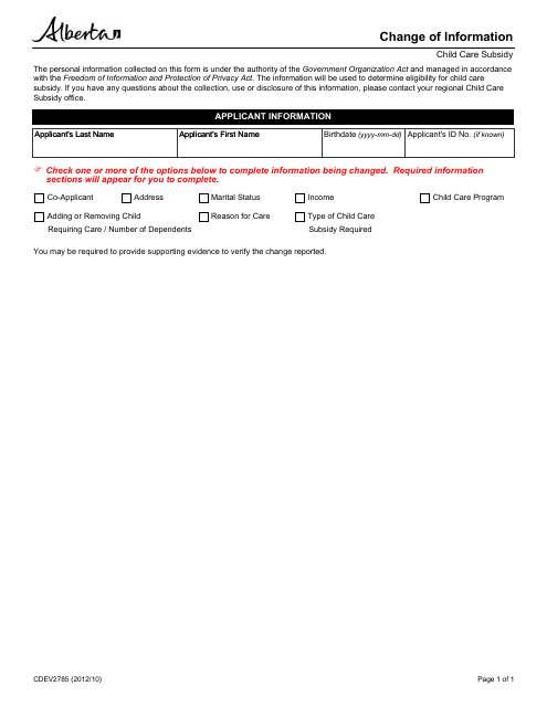 Form CDEV2785 Change of Information - Child Care Subsidy - Alberta, Canada