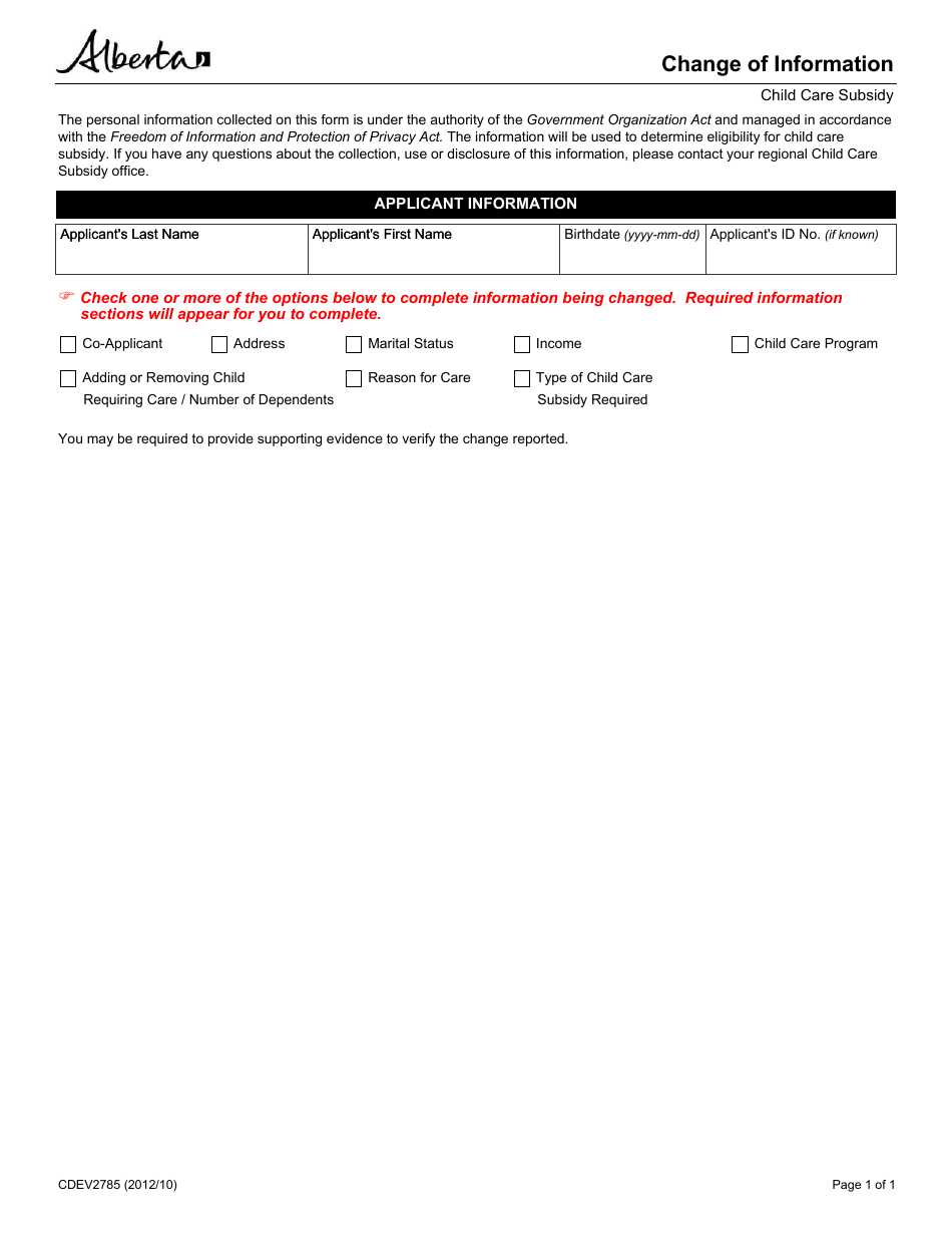 Form CDEV2785 Change of Information - Child Care Subsidy - Alberta, Canada, Page 1