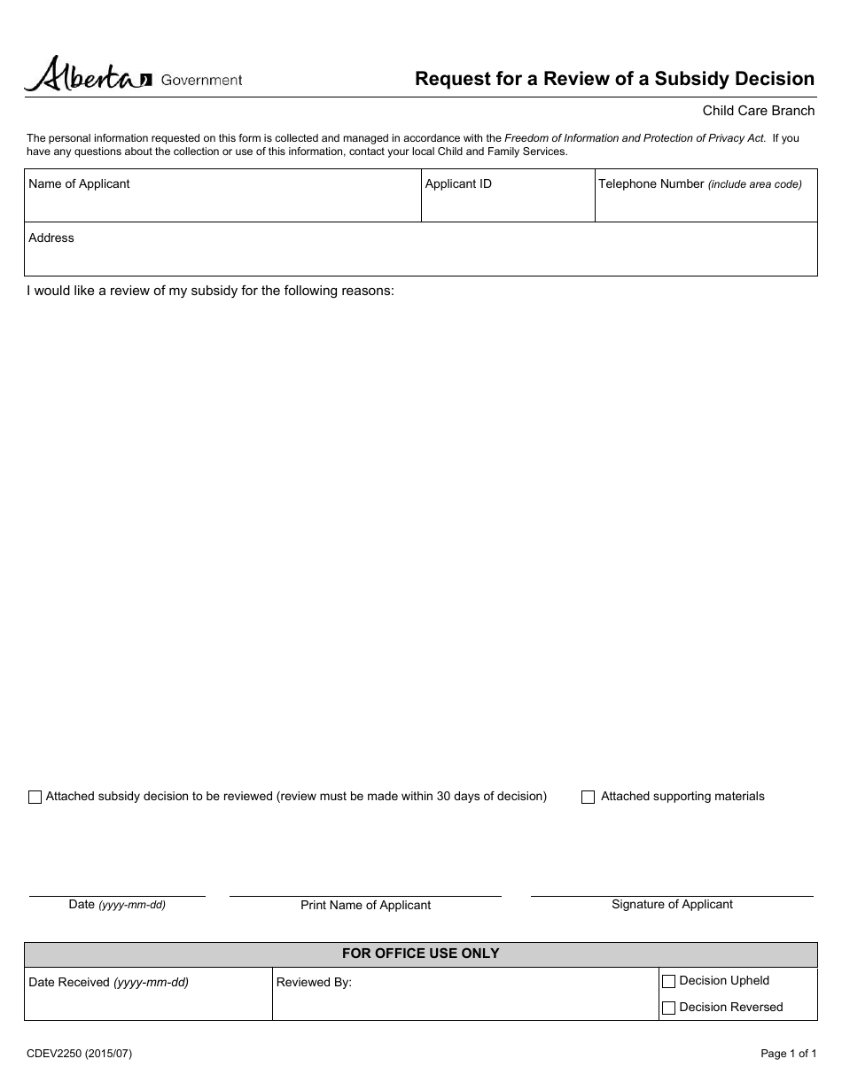Form CDEV2250 Request for a Review of a Subsidy Decision - Alberta, Canada, Page 1