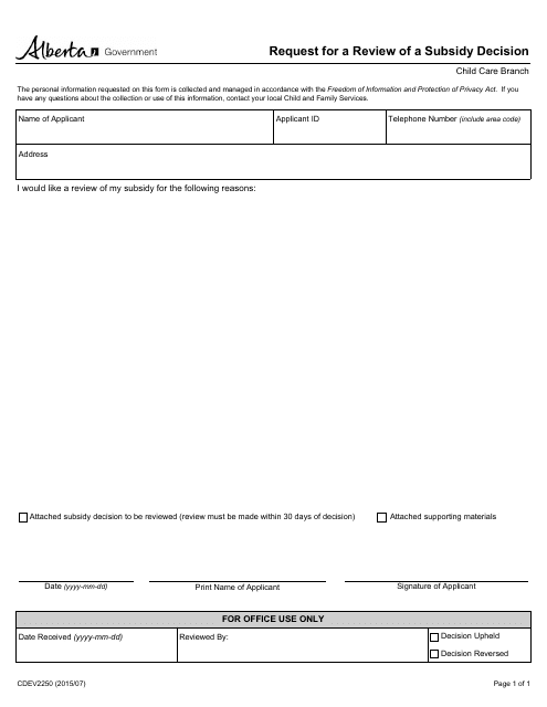 Form CDEV2250 Request for a Review of a Subsidy Decision - Alberta, Canada