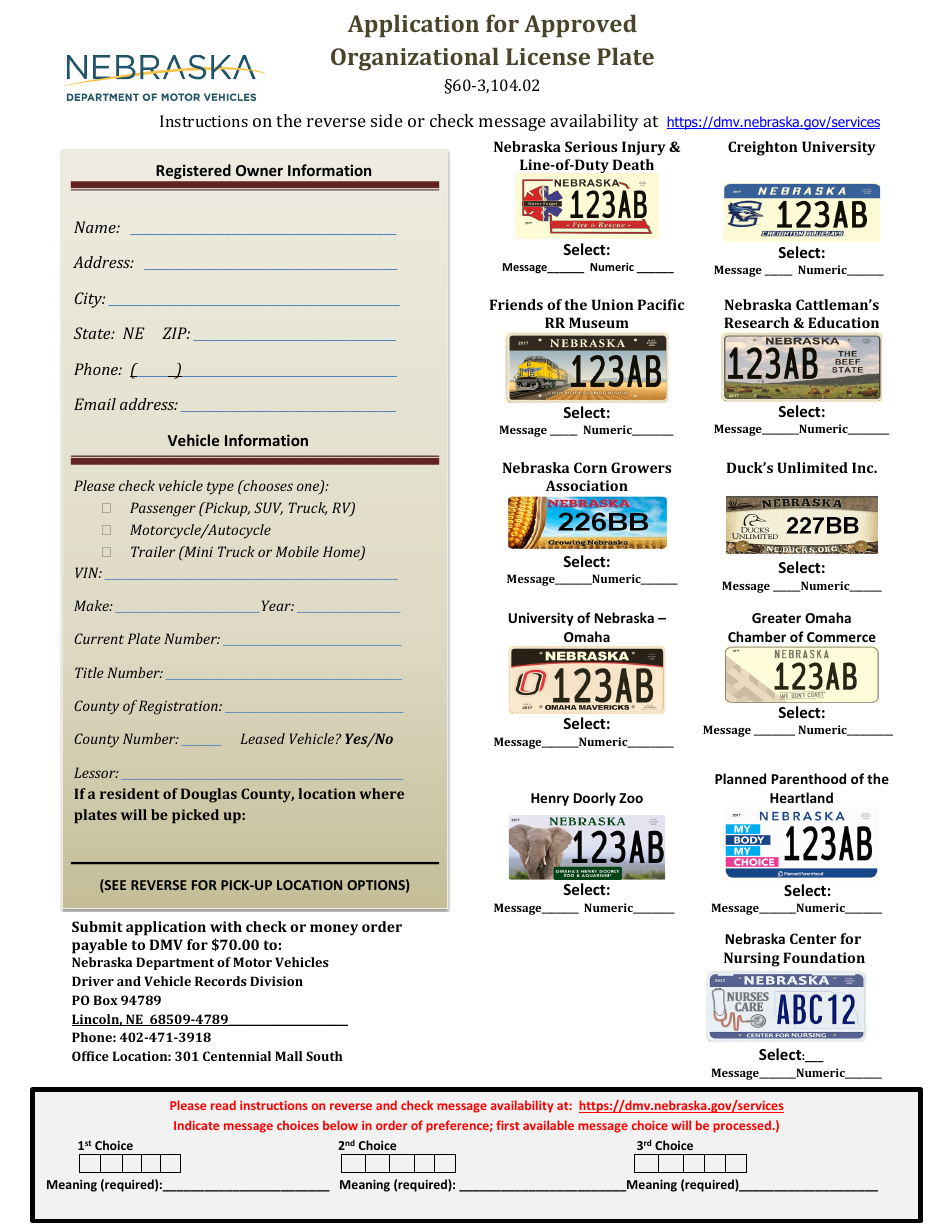 Application for Approved Organizational License Plate - Nebraska, Page 1