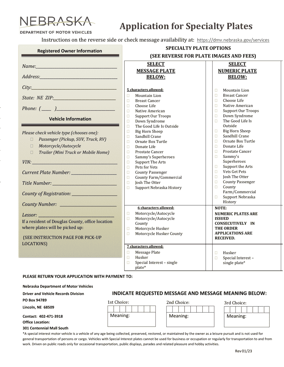 Nebraska Application for Specialty Plates Download Printable PDF