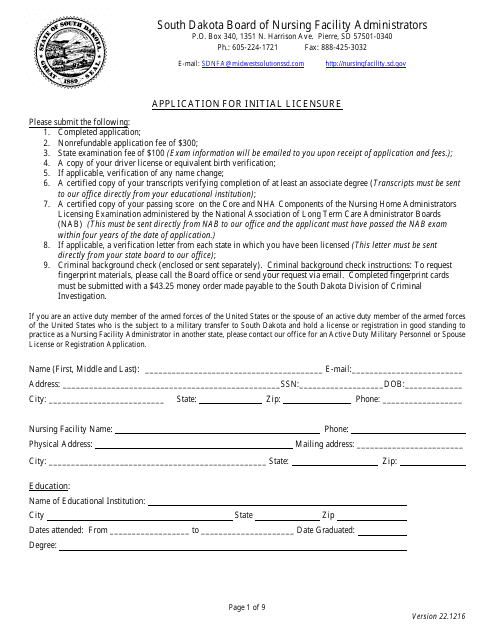 Application for Initial Licensure - Board of Nursing Facility Administrators - South Dakota Download Pdf