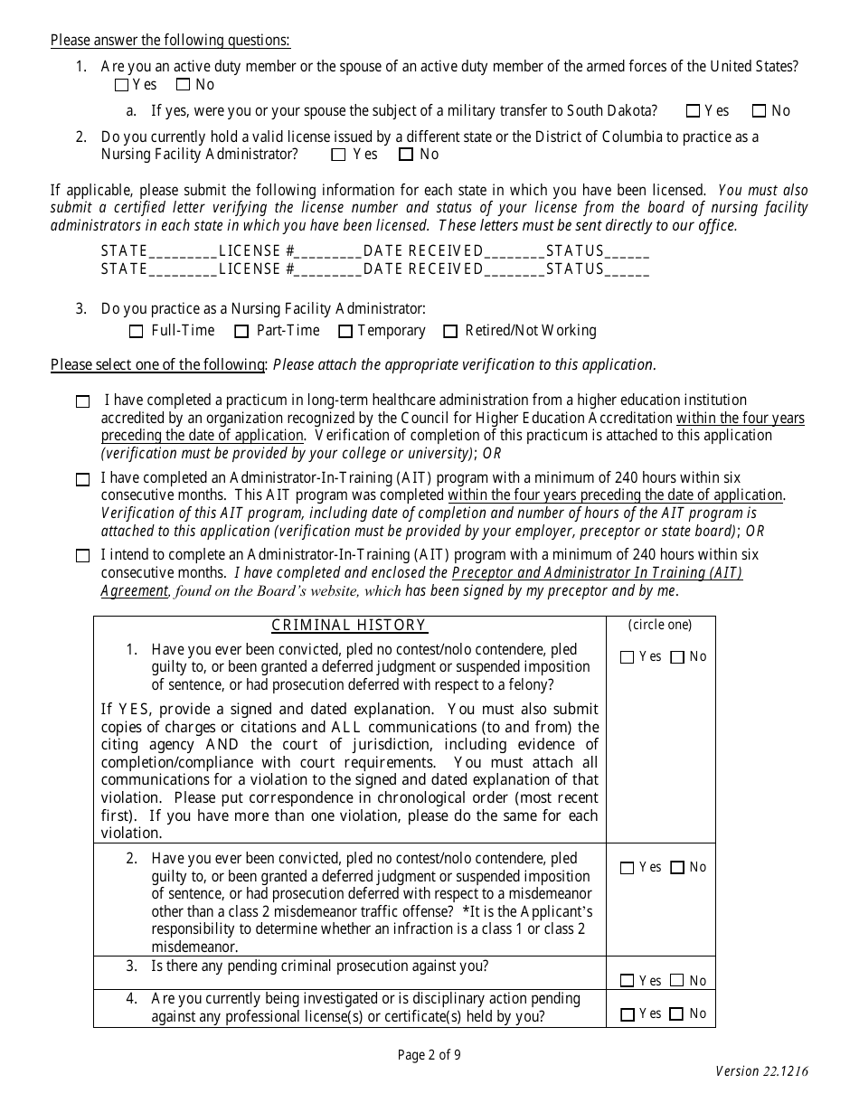Application for Initial Licensure - Board of Nursing Facility Administrators - South Dakota, Page 2