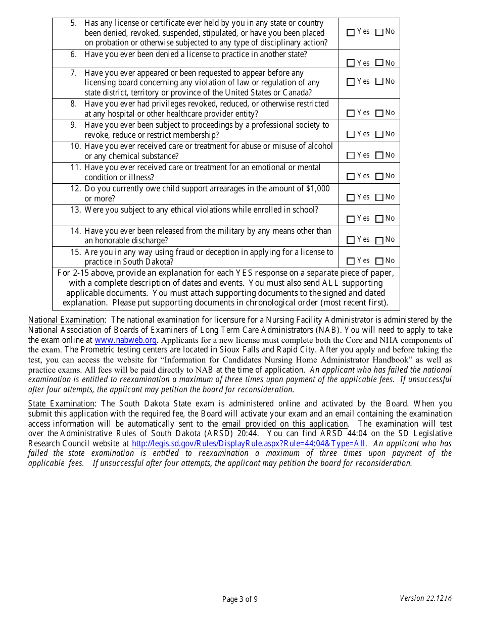 Application for Initial Licensure - Board of Nursing Facility Administrators - South Dakota, Page 3