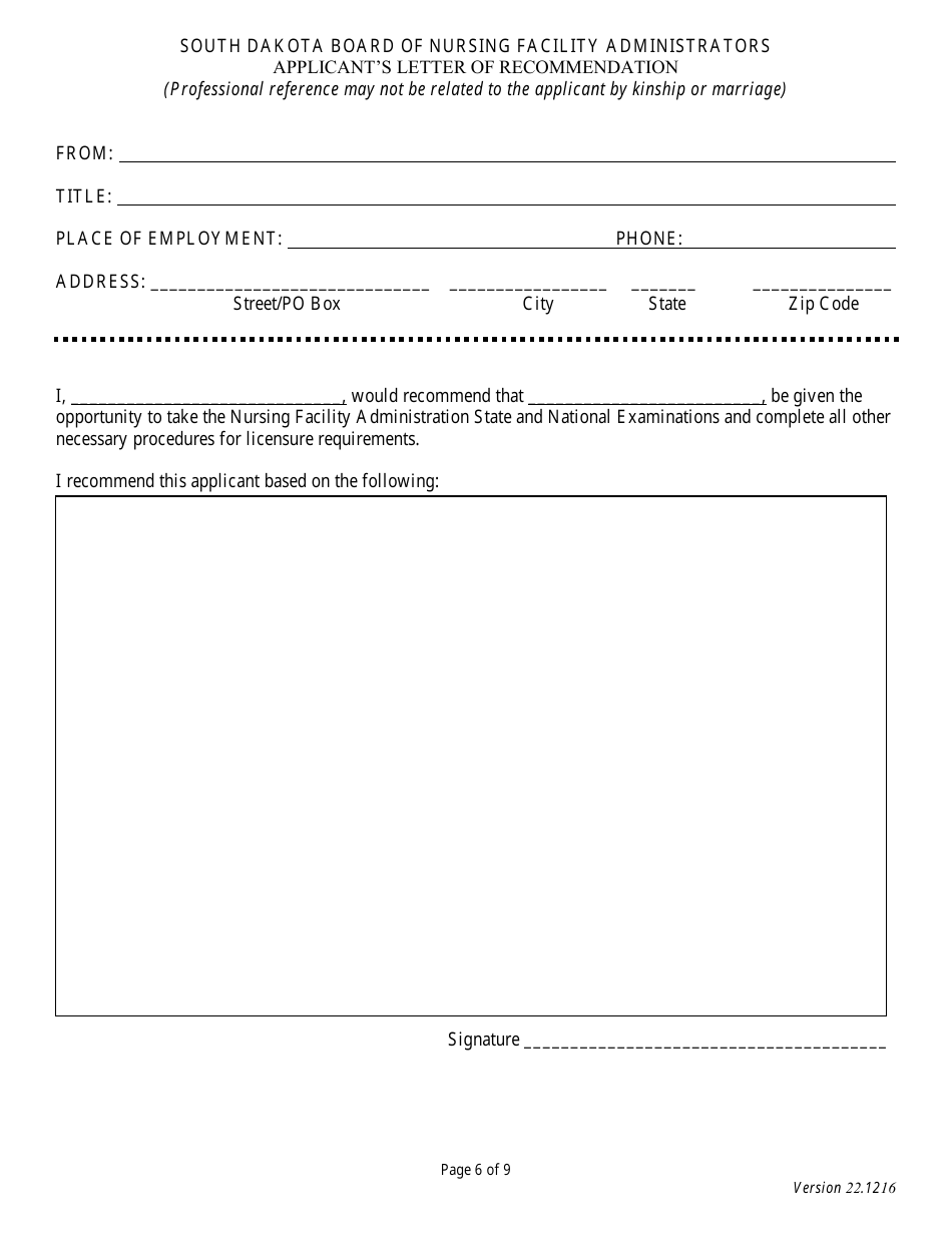 Application for Initial Licensure - Board of Nursing Facility Administrators - South Dakota, Page 6