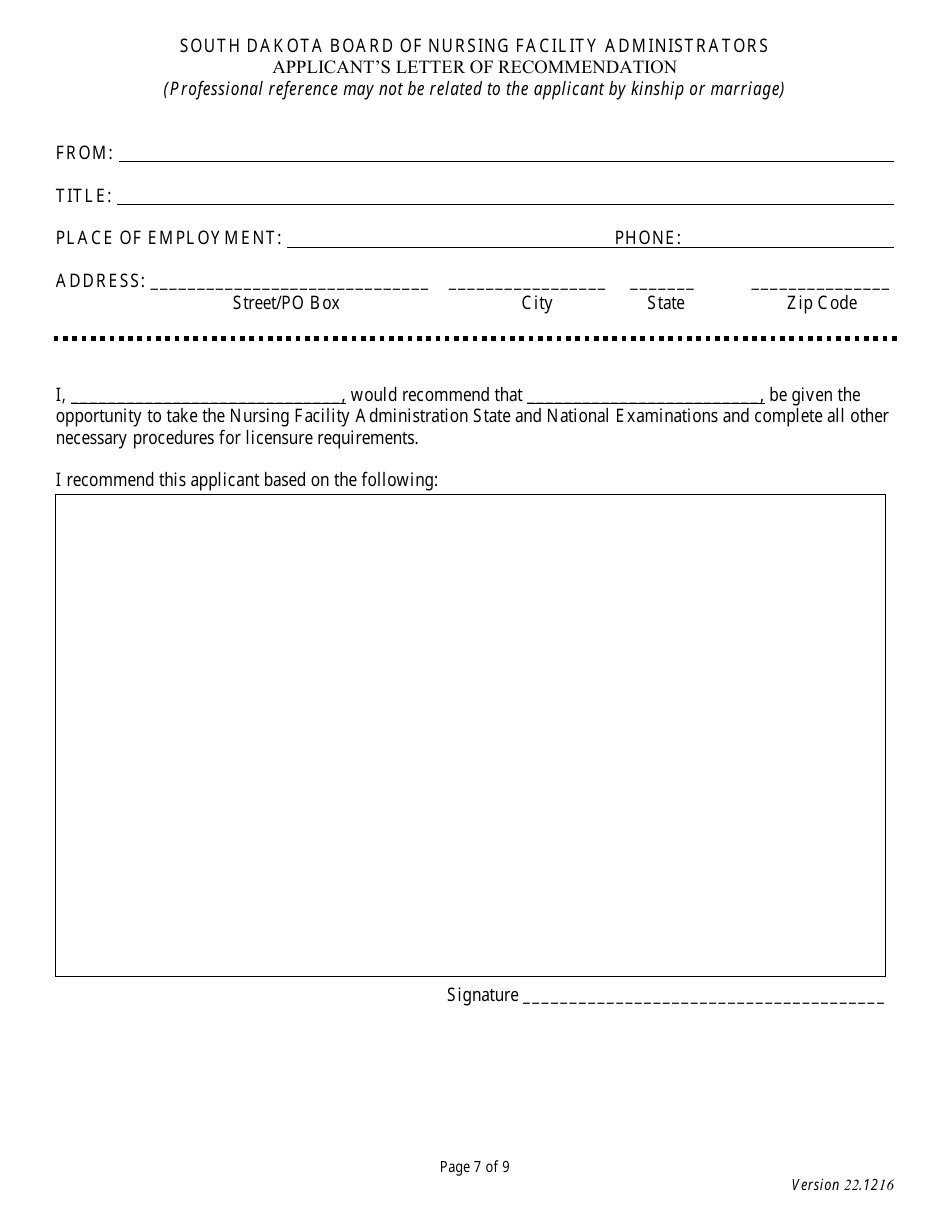 Application for Initial Licensure - Board of Nursing Facility Administrators - South Dakota, Page 7
