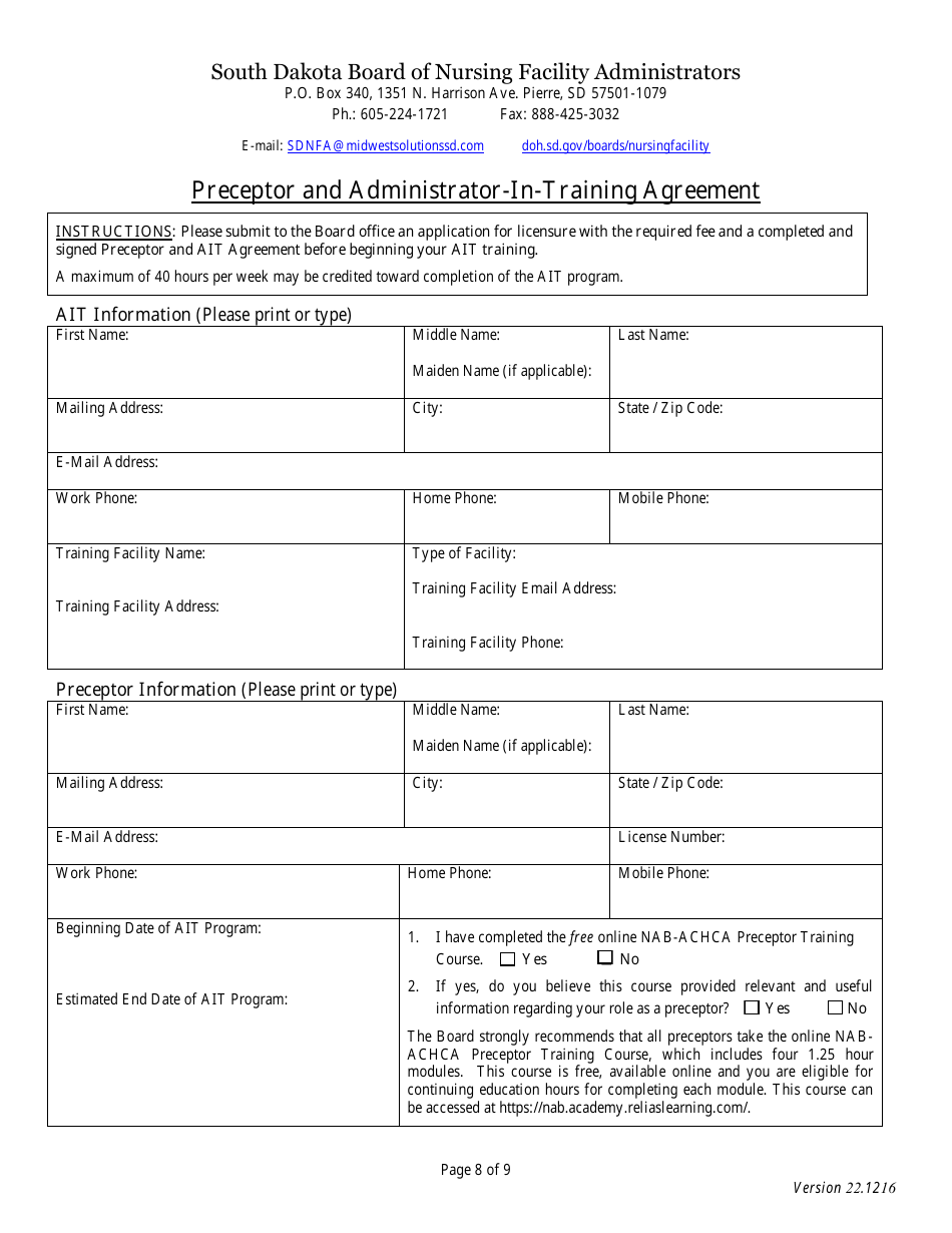 Application for Initial Licensure - Board of Nursing Facility Administrators - South Dakota, Page 8