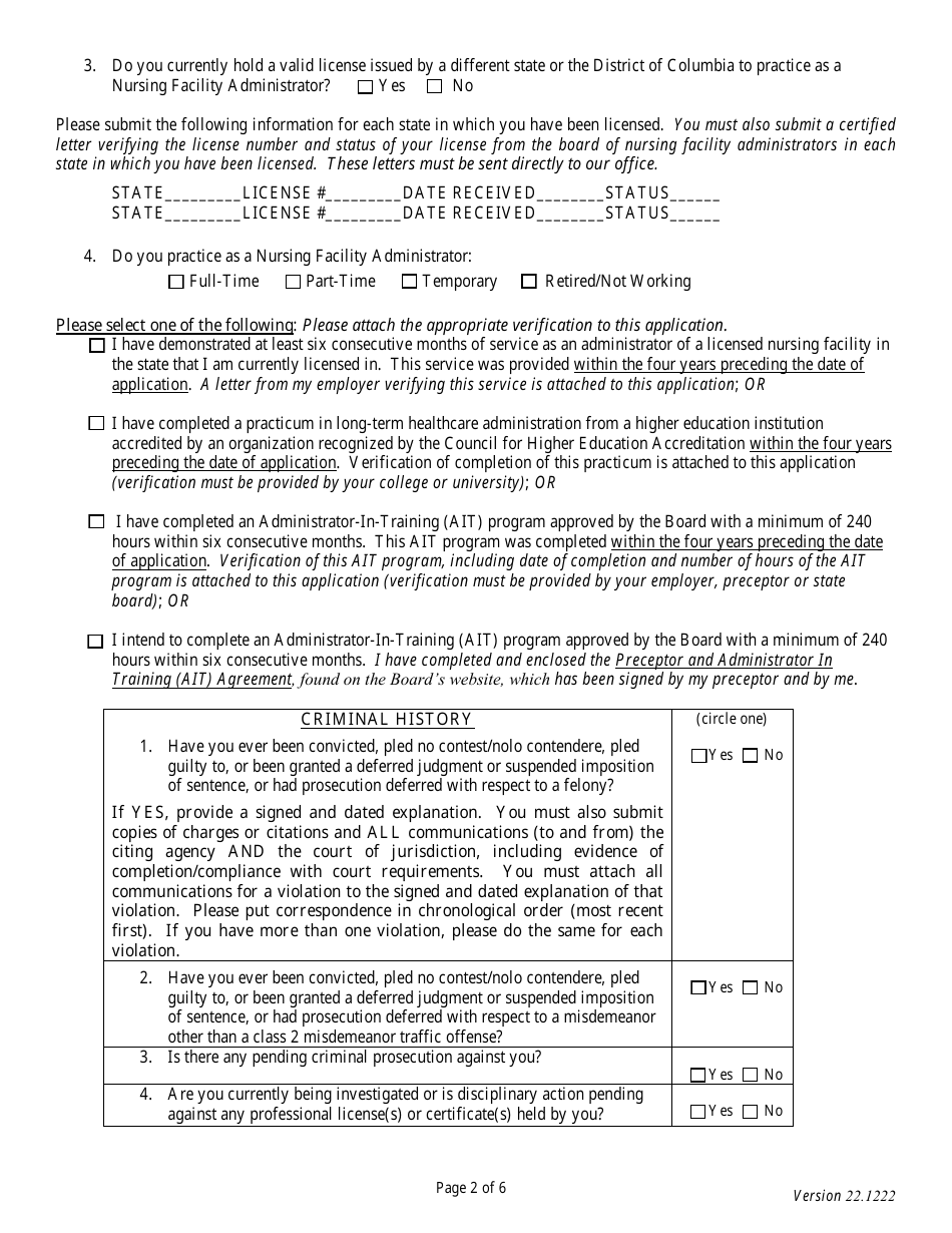 Application for Reciprocal Licensure - Board of Nursing Facility Administrators - South Dakota, Page 2