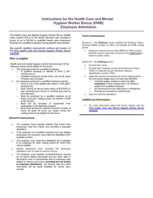Instructions for Employee Attestation - New York State Health Care and Mental Hygiene Worker Bonus (Hwb) Program - New York