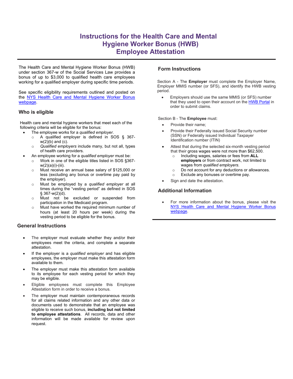 Instructions for Employee Attestation - New York State Health Care and Mental Hygiene Worker Bonus (Hwb) Program - New York, Page 1