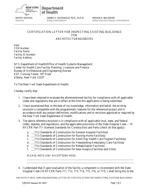 Certification Letter for Inspecting Existing Buildings for Architects / Engineers - New York Download Pdf