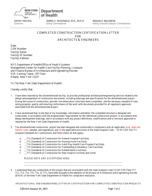 Completed Construction Certification Letter for Architects & Engineers - New York Download Pdf