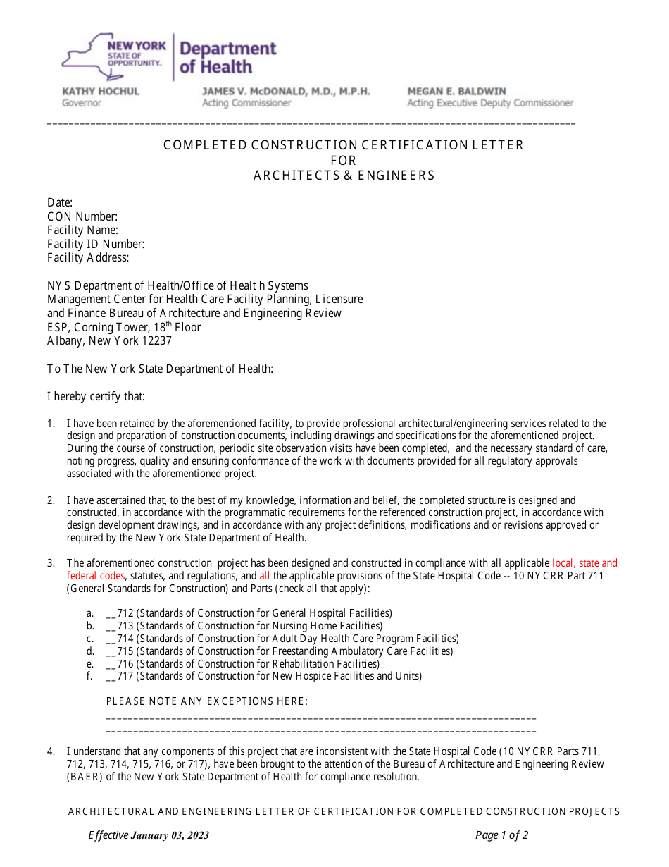 Completed Construction Certification Letter for Architects  Engineers - New York, Page 1