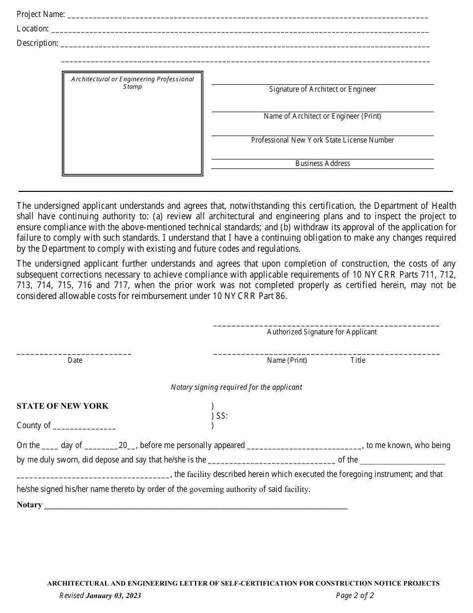 Architects or Engineers Letter of Self-certification for Use With a Construction Notice - New York, Page 2