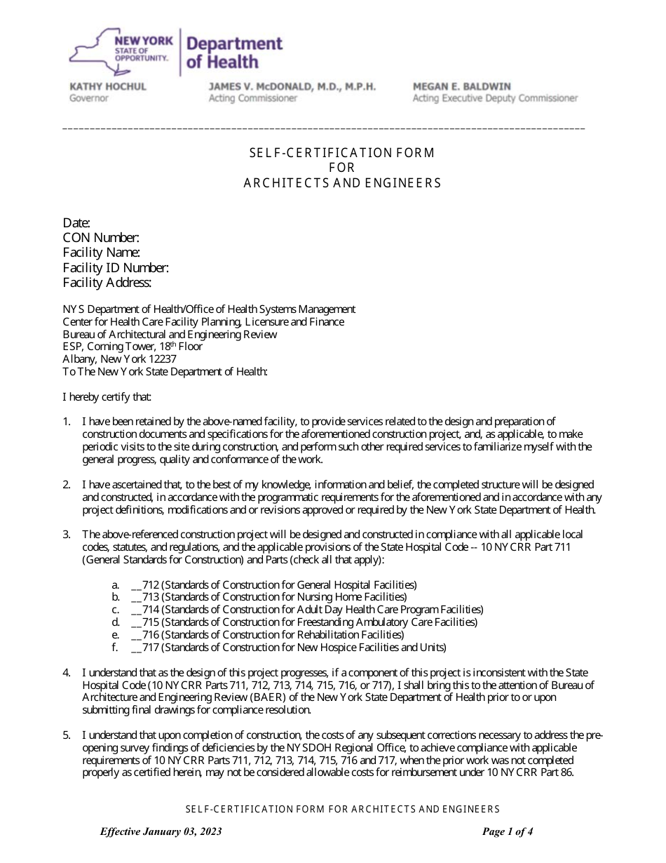 New York Selfcertification Form for Architects and Engineers Download