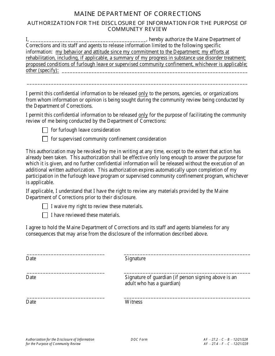 Maine Authorization for the Disclosure of Information for the Purpose ...