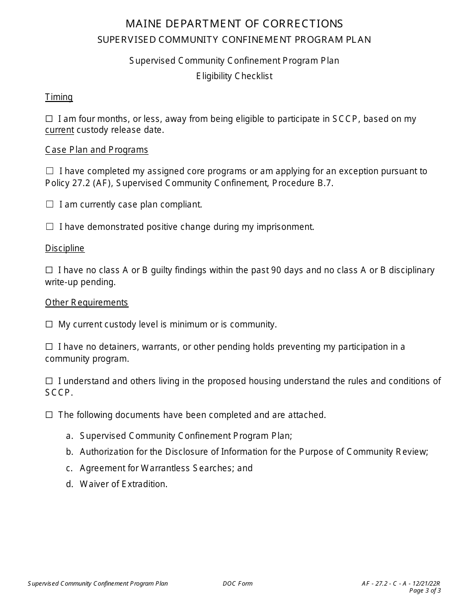 Attachment A Supervised Community Confinement Program Plan - Maine, Page 3