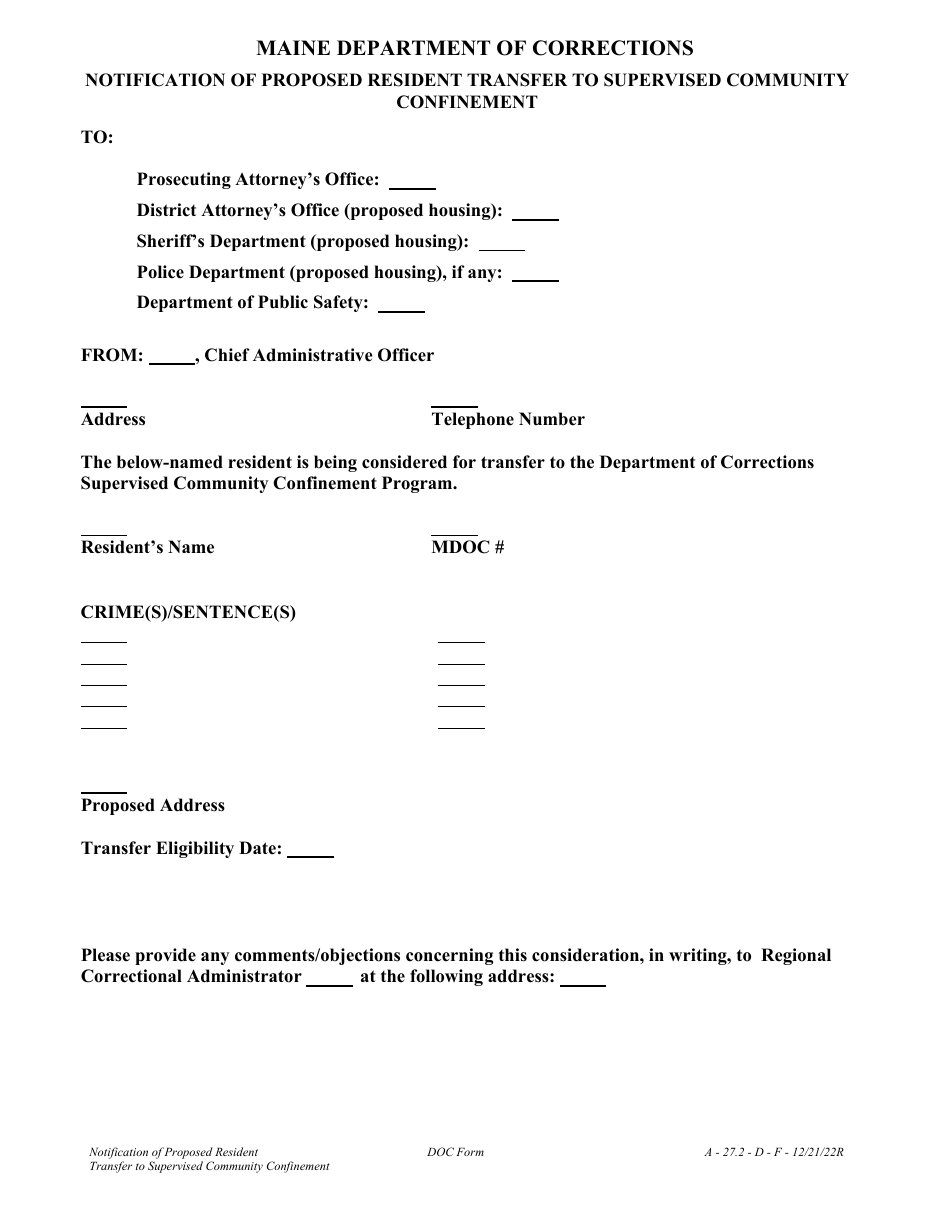 Notification of Proposed Resident Transfer to Supervised Community Confinement - Maine, Page 1