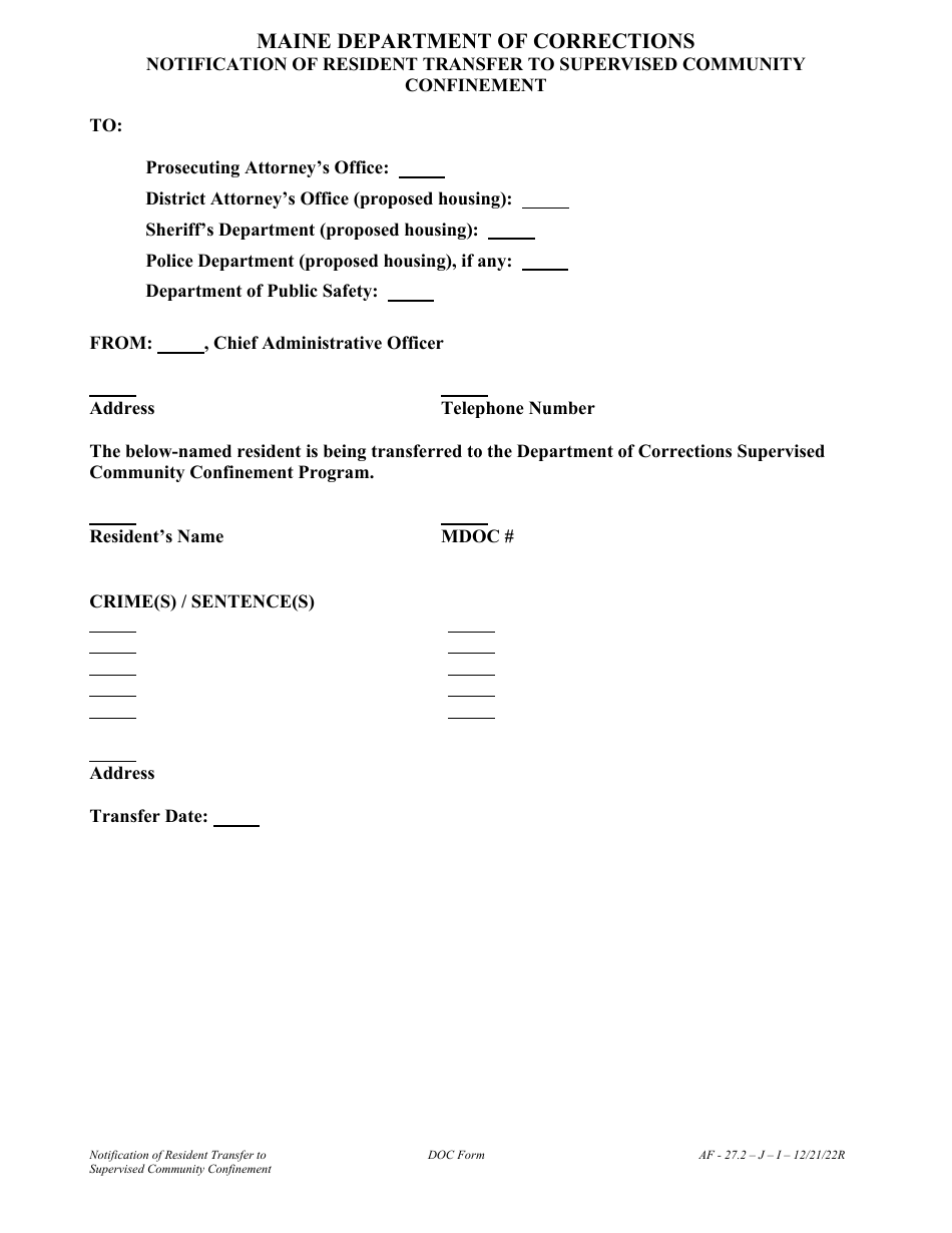 Attachment I Notification of Resident Transfer to Supervised Community Confinement - Maine, Page 1