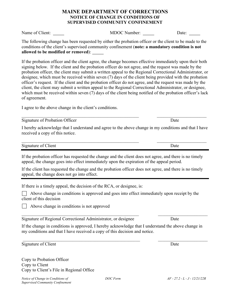Attachment J Notice of Change in Conditions of Supervised Community Confinement - Maine, Page 1