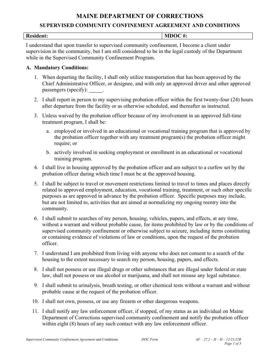 Attachment H Supervised Community Confinement Agreement and Conditions - Maine, Page 1