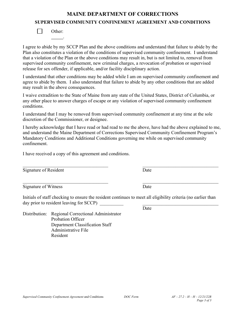 Attachment H Supervised Community Confinement Agreement and Conditions - Maine, Page 3