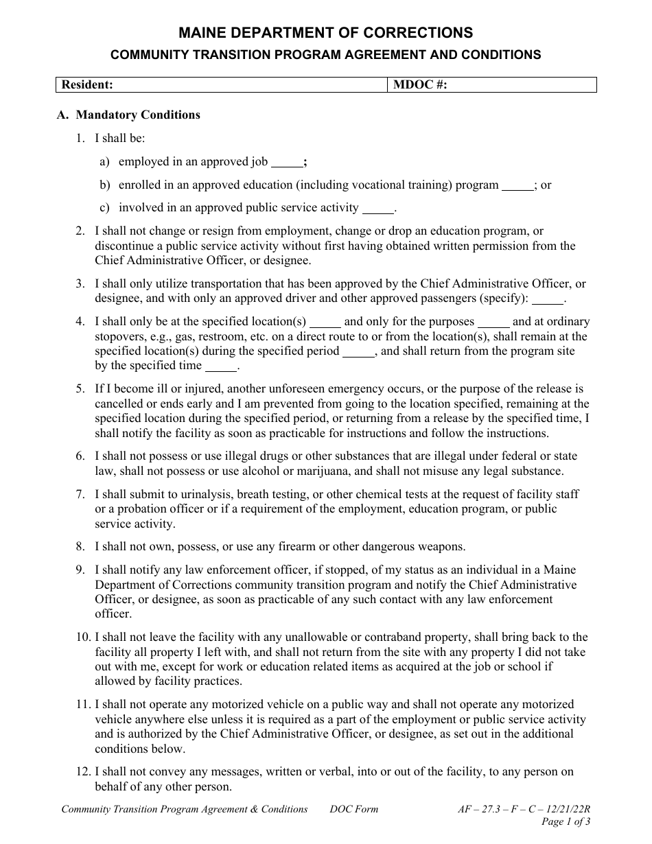 Attachment C Agreement and Conditions - Community Transition Program - Maine, Page 1