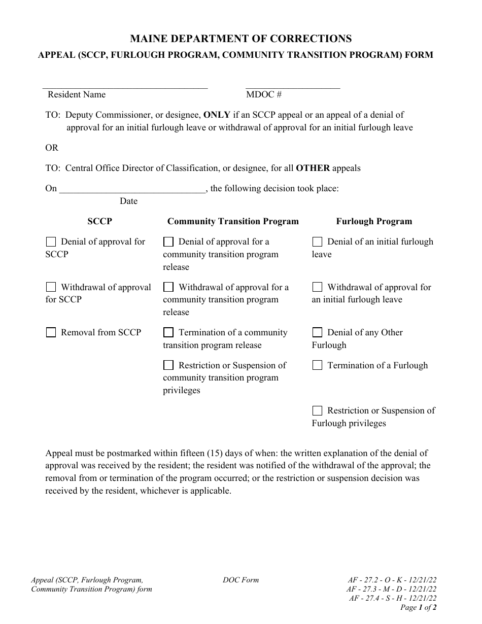 Attachment D, H, K Appeal (Sccp, Furlough Program, Community Transition Program) Form - Maine, Page 1