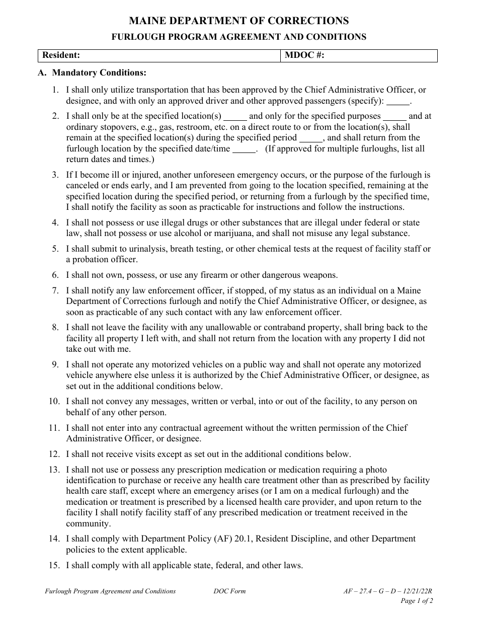 Attachment D Furlough Program Agreement and Conditions - Maine, Page 1