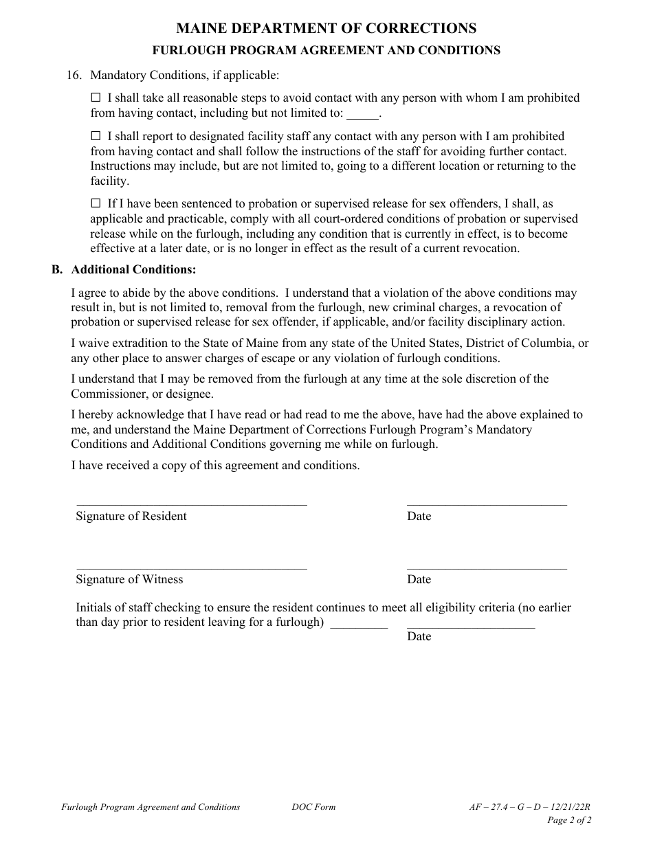 Maine Furlough Program Agreement and Conditions - Fill Out, Sign Online ...